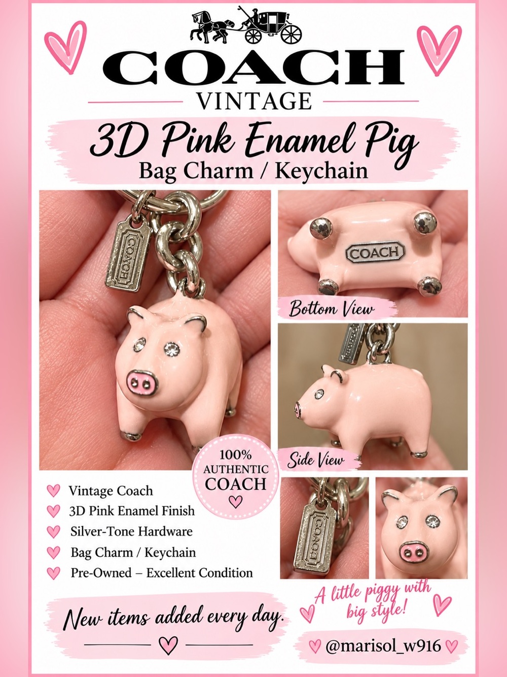 Coach vintage Pink Enamel 3D Pig Bag Charm Keychain